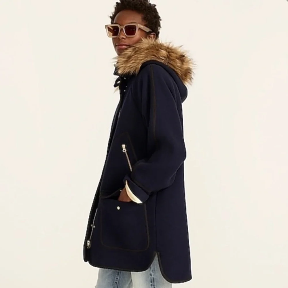 J. Crew summit Italian stadium cloth navy blue gold wool hooded parka coat 4
